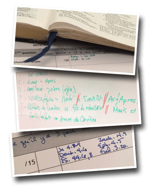 Bible, white board, notes