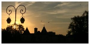 lamp post, sunset, silhouette, golden hour